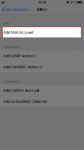 In the Mail section, choose Add Mail Account