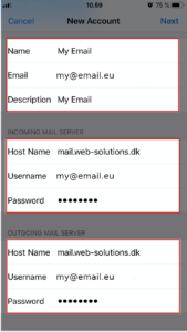 Enter your account details to both Incoming and Outgoing Mail Server sections.